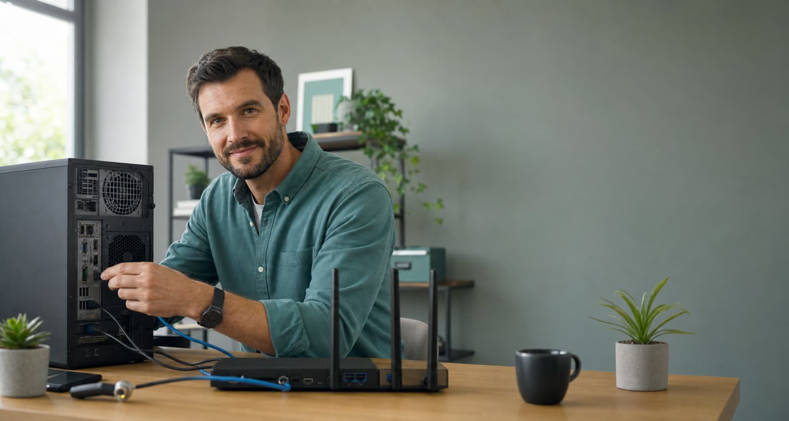 A friendly technician setting up a computer and WiFi router at a tidy home-office desk