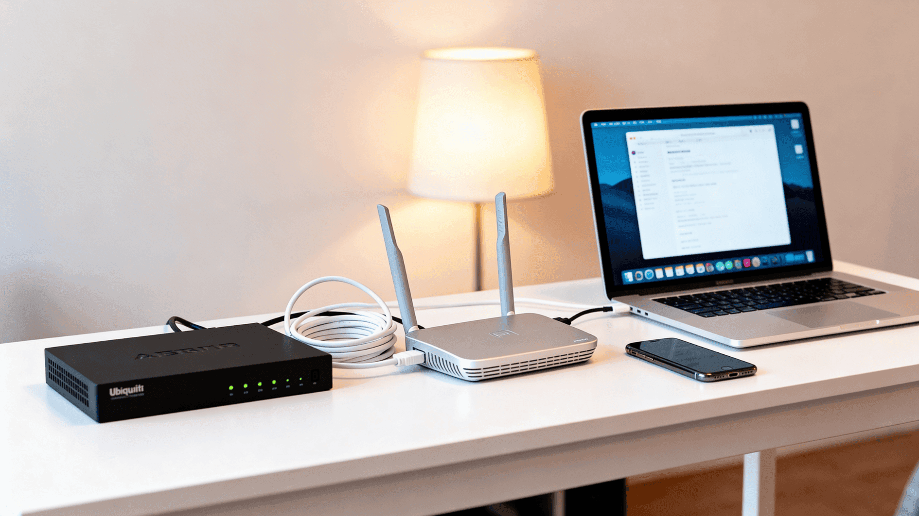 Network router and switch set up neatly, representing local network service