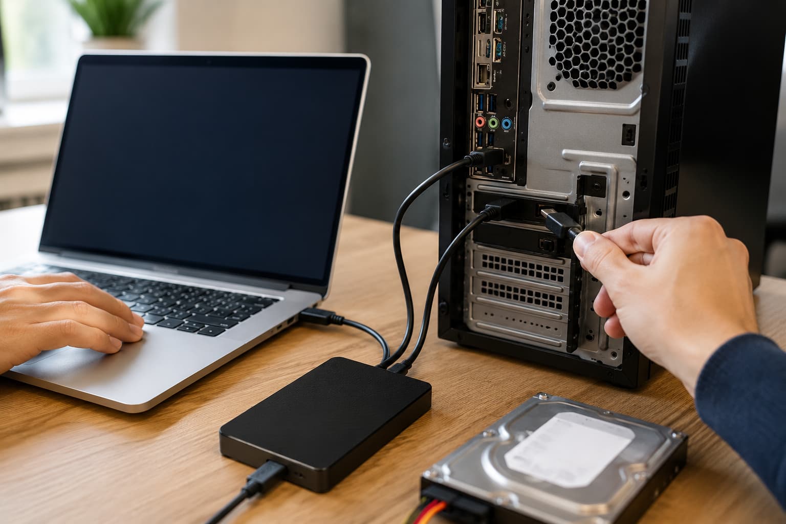 A laptop showing a data-transfer progress screen next to an external drive and a new desktop being setup