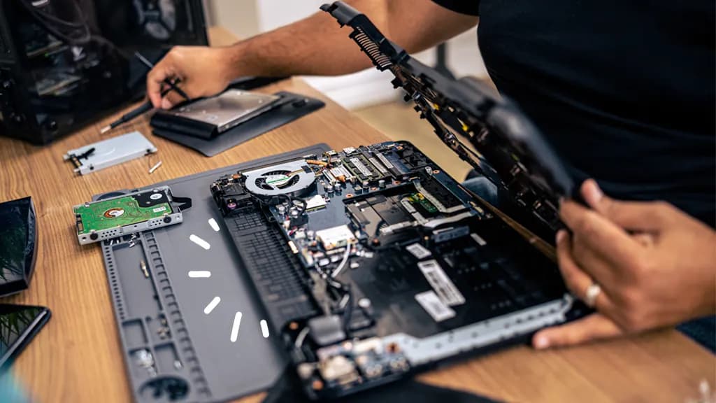 A clean, organized IT repair workbench with precision tools, an anti-static mat, and a laptop being serviced